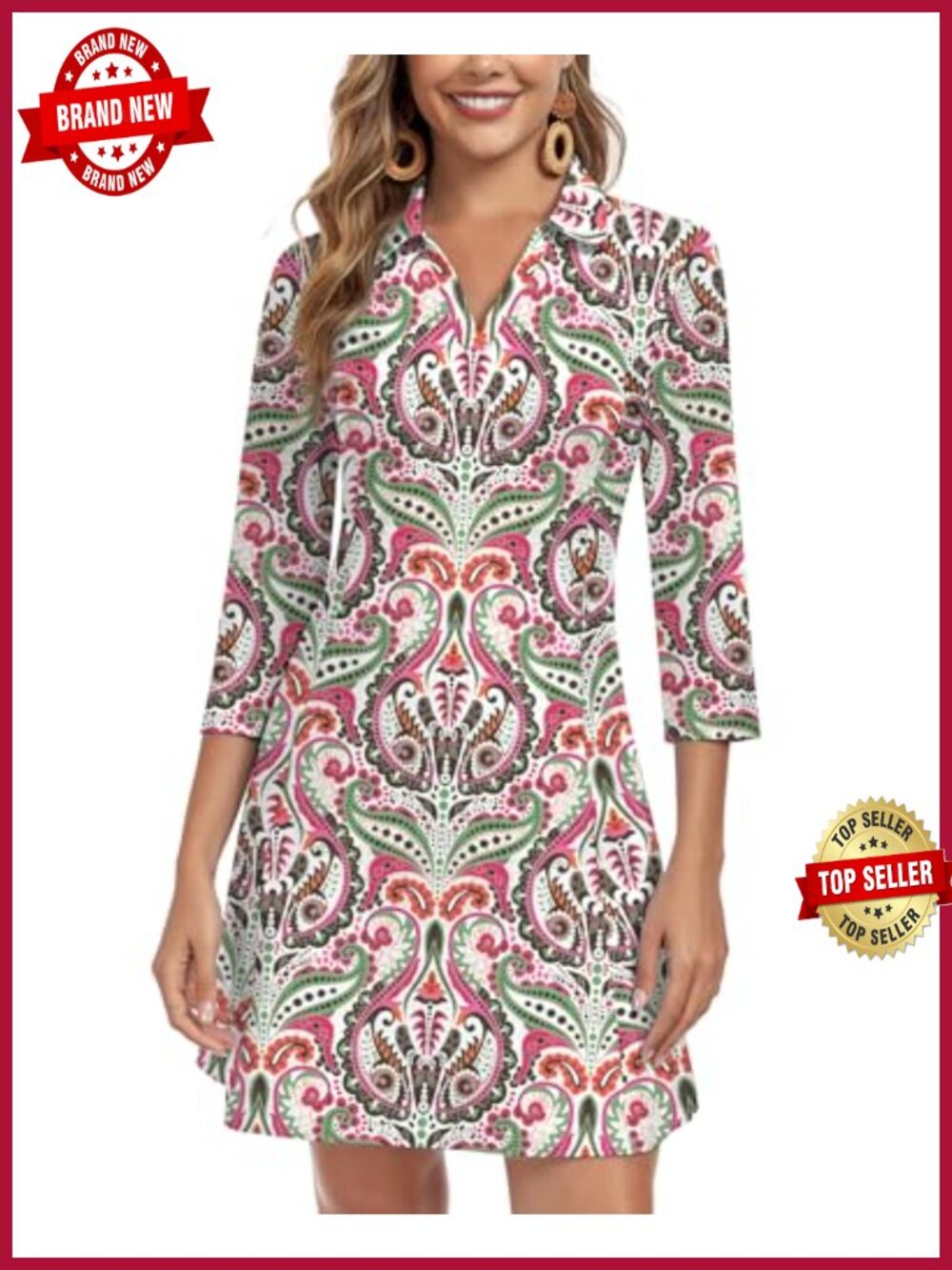 3/4 Sleeve V-Neck Quick Dry UPF 50+ Sun Dress with Pockets